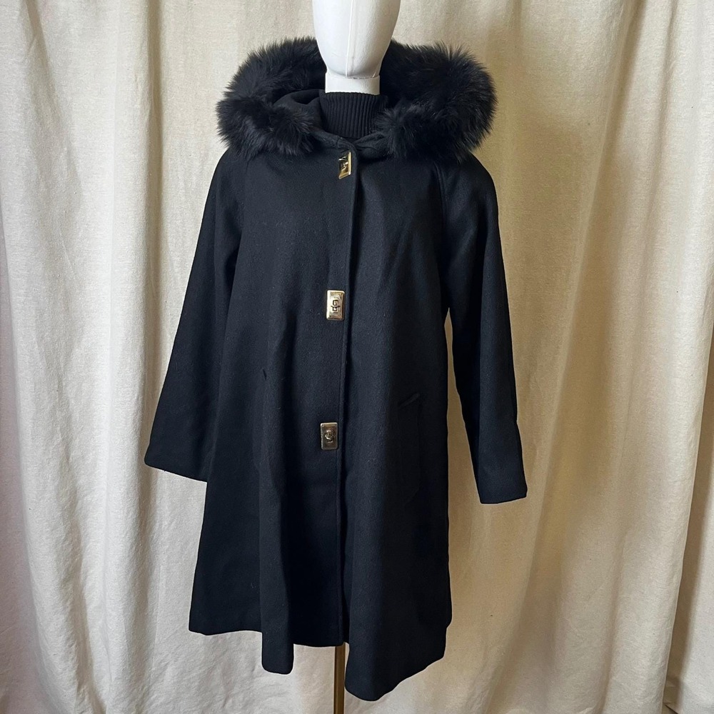 Vintage Carol Horn Black Hooded Wool Coat with‎ Faux Fur Trim & Brass Closure 8